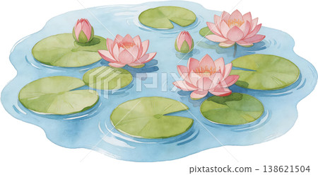 Watercolor illustration: Pink water lilies and green leaves blooming on the water's surface, a tranquil summer scene. Watercolor illustration: Pink water lilies and green leaves blooming on the water's surface, a tranquil summer scene. 138621504