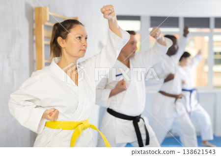 Group of multiethnic people training karate techniques Group of multiethnic people training karate techniques 138621543