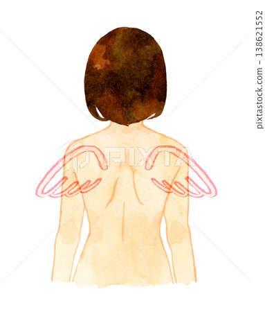 Back view (upper body) of a naked young woman with wings - Hand-drawn watercolor illustration of a person 138621552