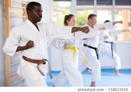 Group of multiethnic people training karate techniques Group of multiethnic people training karate techniques 138621620