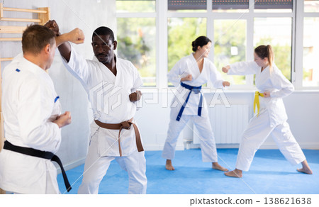 Two men practicing punches during karate classes in gym Two men practicing punches during karate classes in gym 138621638