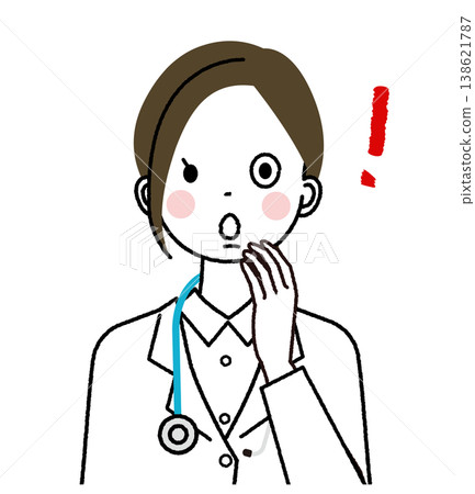 A female doctor in a white coat with a surprised expression. A female doctor in a white coat with a surprised expression. 138621787