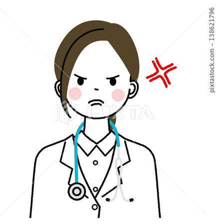 一位身穿白大褂的女醫生臉上帶著可怕而憤怒的表情。 138621796