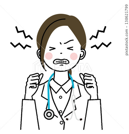 A female doctor in a white coat is irritated and hysterically angry. 138621799