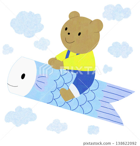 An illustration of a bear riding on a carp streamer. An illustration of a bear riding on a carp streamer. 138622092