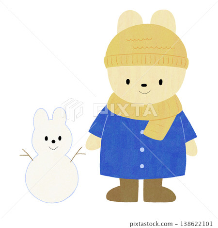 一幅以兔子和雪人為主題的冬季插畫。 一幅以兔子和雪人為主題的冬季插畫。 138622101