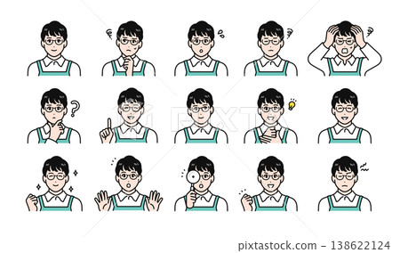 A set of various facial expressions for male staff members wearing aprons. 138622124