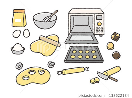 A set of hand-drawn illustrations for cookie making and confectionery making. 138622184