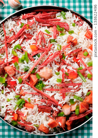 Arroz de Carreteiro, Carter's Rice, in the pan, a typical dish of Southern Brazilian cuisine with rice and dried meat Arroz de Carreteiro, Carter's Rice, in the pan, a typical dish of Southern Brazilian cuisine with rice and dried meat 138622496