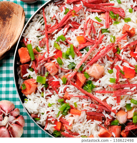 Arroz de Carreteiro, Carter's Rice, in the pan, a typical dish of Southern Brazilian cuisine with rice and dried meat Arroz de Carreteiro, Carter's Rice, in the pan, a typical dish of Southern Brazilian cuisine with rice and dried meat 138622498