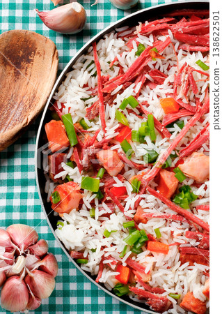 Arroz de Carreteiro, Carter's Rice, in the pan, a typical dish of Southern Brazilian cuisine with rice and dried meat Arroz de Carreteiro, Carter's Rice, in the pan, a typical dish of Southern Brazilian cuisine with rice and dried meat 138622501