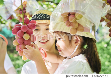 A mother and her young daughter gaze at a bunch of red grapes. A mother and her young daughter gaze at a bunch of red grapes. 138622545