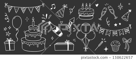 Birthday doodle icon element on chalkboard background. Hand drawn sketch doodle birthday cake, gift, event decoration element. Party, carnival celebration concept background. Vector Birthday doodle icon element on chalkboard background. Hand drawn sketch doodle birthday cake, gift, event decoration element. Party, carnival celebration concept background. Vector 138622657