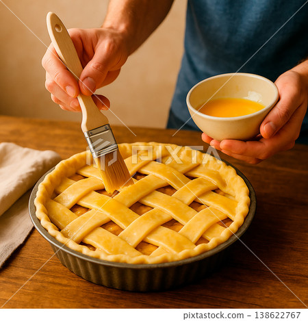 The scene of the handiwork involved in brushing egg wash onto pie dough to give it a glossy finish. The scene of the handiwork involved in brushing egg wash onto pie dough to give it a glossy finish. 138622767