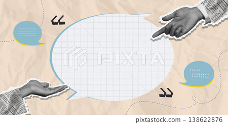 Speech bubble with pointing hands and quotes 138622876