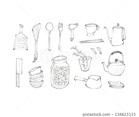 簡約時尚的廚房用具線條藝術插圖 138623115