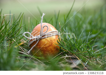 Rustic Dyed Easter Egg Tied With Twine Lying In Fresh Green Grass Close-Up Rustic Dyed Easter Egg Tied With Twine Lying In Fresh Green Grass Close-Up 138623118