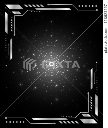 Futuristic silver metallic HUD frame with glowing starry portal and tech borders, sci fi interface design on black background Futuristic silver metallic HUD frame with glowing starry portal and tech borders, sci fi interface design on black background 138623267