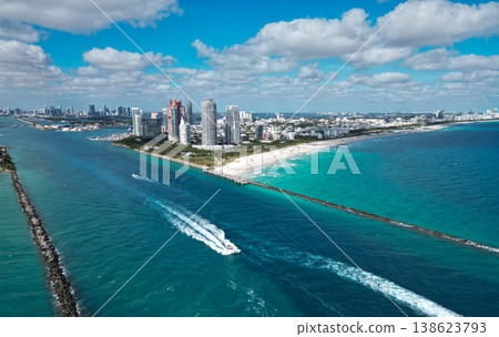 Skyline aerial on Miami marina, Florida. Aerial Miami south beach. Marina landscape in South Beach, USA. Skyline panorama. Sea beach. Miami South beach landscape aerial view. Miami energy 138623793