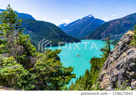 Scenic nature view at Diablo lake. Diablo lake with mountain landscape. Landscape of mountain peak and Diablo lake. Nature landscape. Diablo Lake in North Cascades National Park. Travel spot 138623842