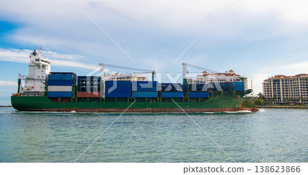 Cargo ship with container. Freight container loaded on cargo vessel. View of cargo ship navigating the sea leaving or entering harbor. Cargo business concept. Container ship Cargo ship with container. Freight container loaded on cargo vessel. View of cargo ship navigating the sea leaving or entering harbor. Cargo business concept. Container ship 138623866