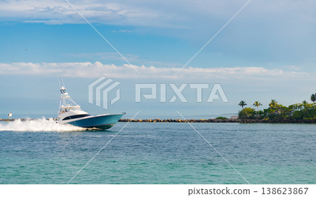 Sailing vessel. Boat trip. Yacht club. Sea vacation on summer. Boating and yachting charter. Summer vacation. Luxury boat in marina. Yacht at sea marina. Luxury boat motor yacht in marina, copy space 138623867