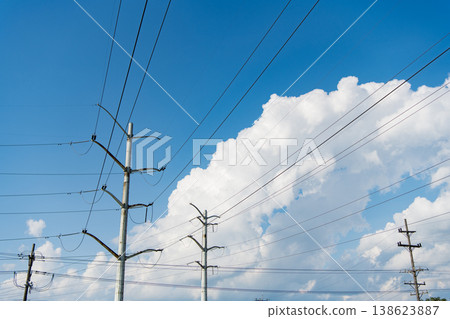 Electric voltage station. High voltage. Electricity power pylon. Electricity tower. Electrical energy. Power transmission tower. Electricity power lines and sky. Green energy. High tension 138623887