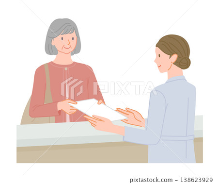 A senior woman and a female staff member handing over documents at the hospital reception. A senior woman and a female staff member handing over documents at the hospital reception. 138623929