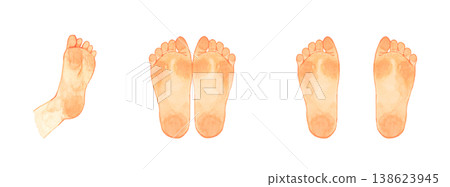 一組描繪腳底的插圖－手繪水彩人體部位插圖。 138623945