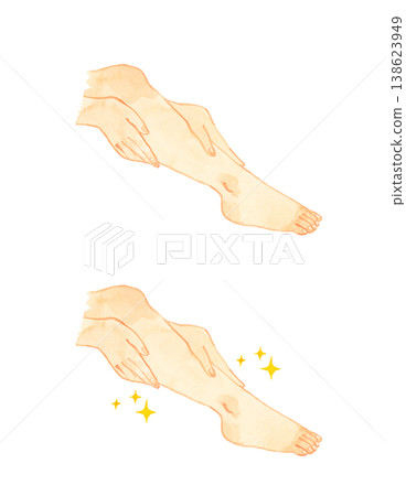 A set of hand-drawn watercolor illustrations of a young woman's bare feet and hands. A set of hand-drawn watercolor illustrations of a young woman's bare feet and hands. 138623949