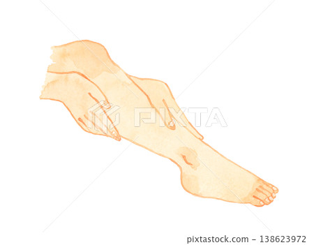 Hand-drawn watercolor illustration of a young woman's bare feet and hands - a human body part. Hand-drawn watercolor illustration of a young woman's bare feet and hands - a human body part. 138623972