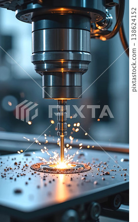 Cnc machine drilling metal part with sparks. Automated industrial manufacturing process. Precision engineering tool 138624152