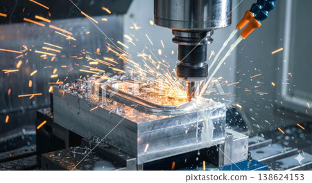 Cnc milling machine cutting metal part with coolant sparks. Automatic computer numerical control equipment in workshop. 138624153