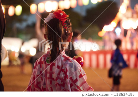 The back view of a girl in a yukata gazing at the night view of the festival. The back view of a girl in a yukata gazing at the night view of the festival. 138624193