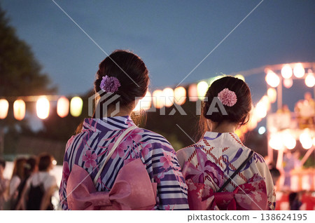 The back view of two beautiful women wearing yukata sashes and hair ornaments. The back view of two beautiful women wearing yukata sashes and hair ornaments. 138624195