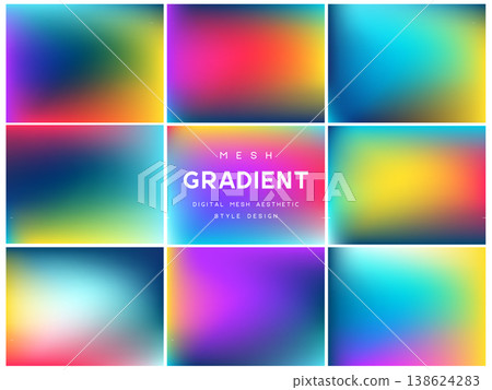 Collection of vibrant neon mesh gradients. Abstract colorful backgrounds for summer festivals, music parties and high-energy digital designs. Bright blurred textures, vector illustration. 138624283