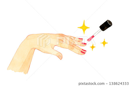 年輕女子的手正在塗指甲油(美甲)-手繪水彩人體部位插圖。 年輕女子的手正在塗指甲油(美甲)-手繪水彩人體部位插圖。 138624333