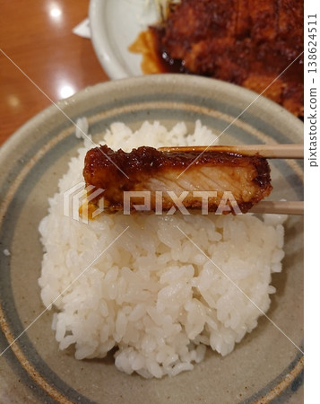 Close-up of miso katsu served over rice 138624511