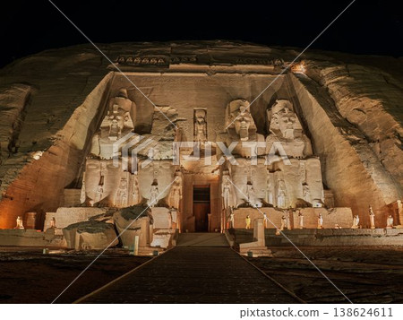 The Great Temple and processional avenue of Abu Simbel illuminated at night—Egypt 138624611