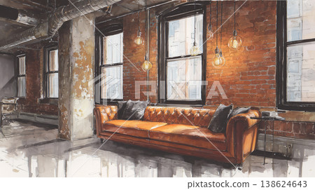 A stylish industrial loft with exposed brick and a leather sofa. 138624643