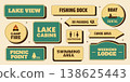 Retro lake recreation sticker set with lake view, fishing dock, boat rental, lake cabins, swimming canoe area and more. Vector illustration in vintage midcentury 50s style for summer travel 138625443