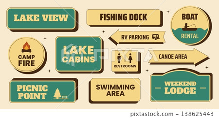 Retro lake recreation sticker set with lake view, fishing dock, boat rental, lake cabins, swimming canoe area and more. Vector illustration in vintage midcentury 50s style for summer travel Retro lake recreation sticker set with lake view, fishing dock, boat rental, lake cabins, swimming canoe area and more. Vector illustration in vintage midcentury 50s style for summer travel 138625443