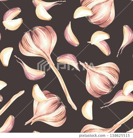 Garlic seamless pattern. Watercolor Hand drawn whole bulb with cloves. Realistic painting fresh and dried vegetables or fragrant herbs. Illustration on isolated dark background. Culinary print design. Garlic seamless pattern. Watercolor Hand drawn whole bulb with cloves. Realistic painting fresh and dried vegetables or fragrant herbs. Illustration on isolated dark background. Culinary print design. 138625515