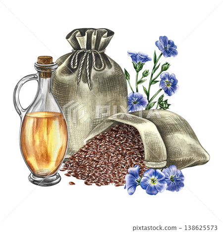 Flaxseed oil. Hand-drawn watercolor illustration. Flaxseed in a burlap bag, flax flowers, and a bottle of oil. An element of label and packaging design, as well as banners, posters, and more. Flaxseed oil. Hand-drawn watercolor illustration. Flaxseed in a burlap bag, flax flowers, and a bottle of oil. An element of label and packaging design, as well as banners, posters, and more. 138625573