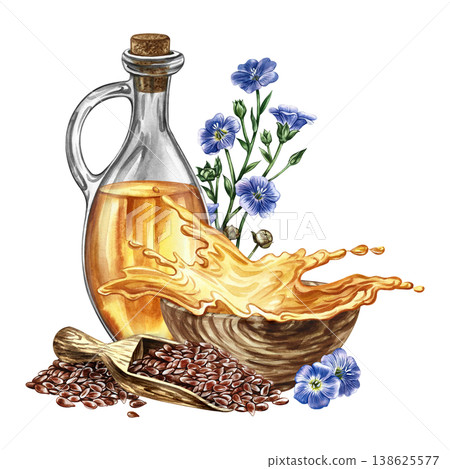 Flaxseed oil. Hand-drawn watercolor illustration. Flaxseed in a wooden spoon, flax flowers, a bottle of oil, and a splash of oil in a cup. For label and packaging design, banners, posters, and more. Flaxseed oil. Hand-drawn watercolor illustration. Flaxseed in a wooden spoon, flax flowers, a bottle of oil, and a splash of oil in a cup. For label and packaging design, banners, posters, and more. 138625577