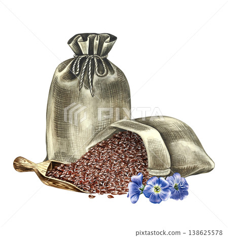 Flaxseed in a burlap bags and wooden scoop and blue flax flowers. Hand-drawn watercolor illustration. Element of design for labels and packaging, as well as banners, posters, and more. 138625578