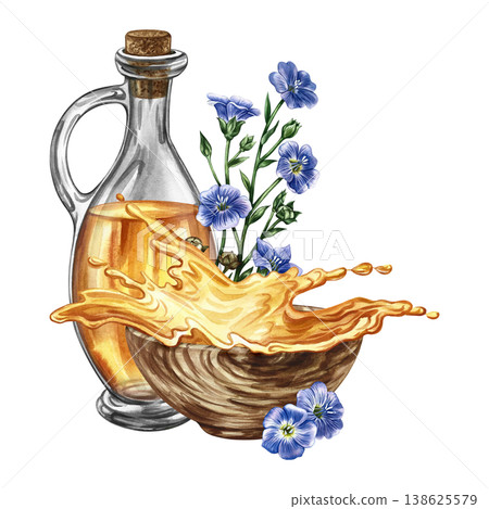 Flaxseed oil. Hand-drawn watercolor illustration. Glass bottle of oil, splash of oil in a wooden cup, and flax flowers. Element of label and packaging design, banners, posters, and more. 138625579
