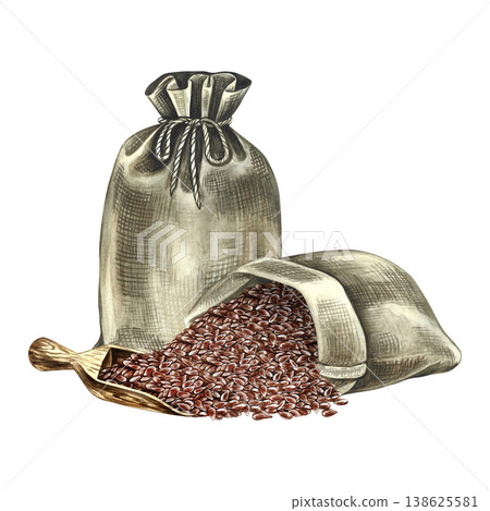 Flax seeds in jute bags and a wooden scoop. Hand-drawn watercolor illustration. Element of label and packaging design, as well as banners, posters, and more. 138625581