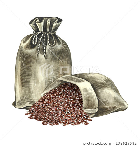 Flaxseed in burlap bags. Hand-drawn watercolor illustration. Element of label and packaging design, as well as banners, posters, and more. 138625582