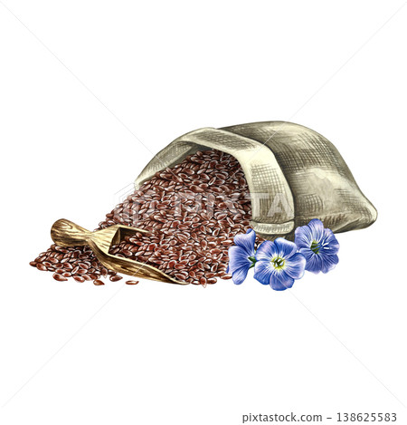 Flaxseed in a burlap bag and wooden scoop and blue flax flowers. Hand-drawn watercolor illustration. Element of design for labels and packaging, as well as banners, posters, and more. 138625583